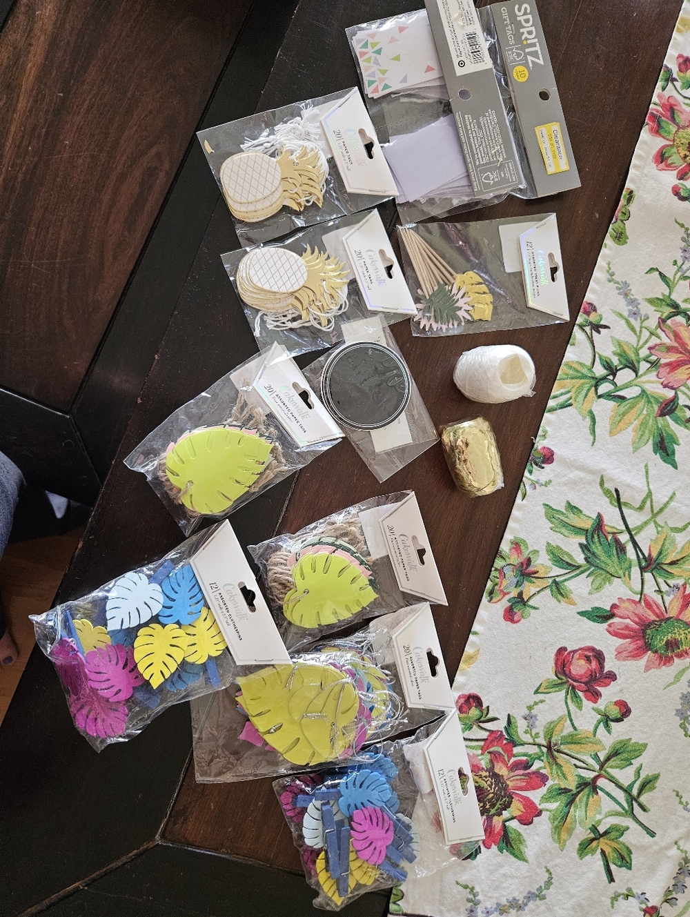 Lot Of Gift Tags, Ribbon, And Clothespins. Tropical Pineapple